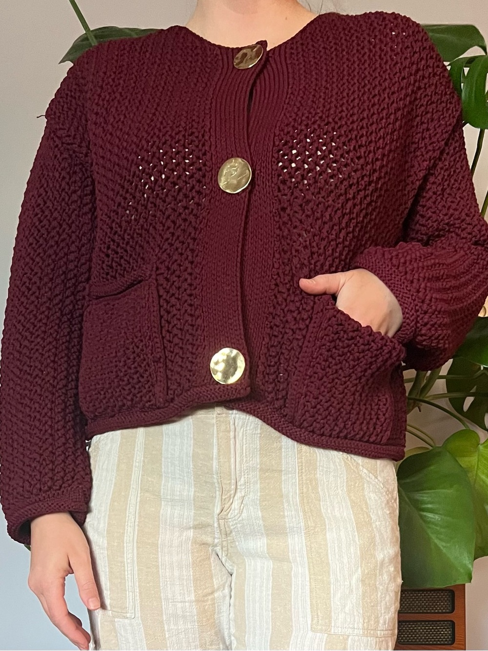 Zara Chunky Knit Button Cardigan Sweater - Burgundy size Medium